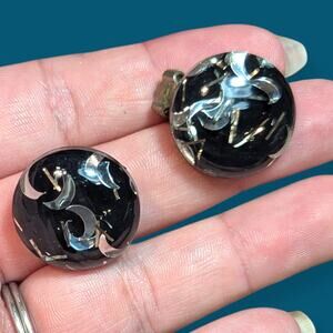 1960s Bewitching Glitter Lucite Clip-On Earrings ~ moons cabochon clear matrix